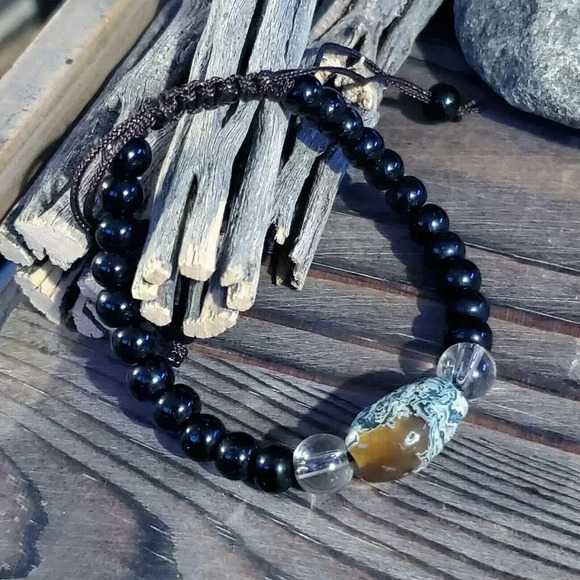Handcrafted Tibetan Moss Agate Black Beads Healing Energy Gemstone Bracelet - Picture 1 of 6
